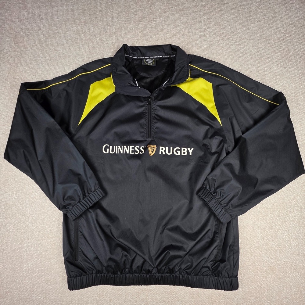 Guinness Rugby Jacket Mens L Black Yellow Quarter Zip Windbreaker Pullover